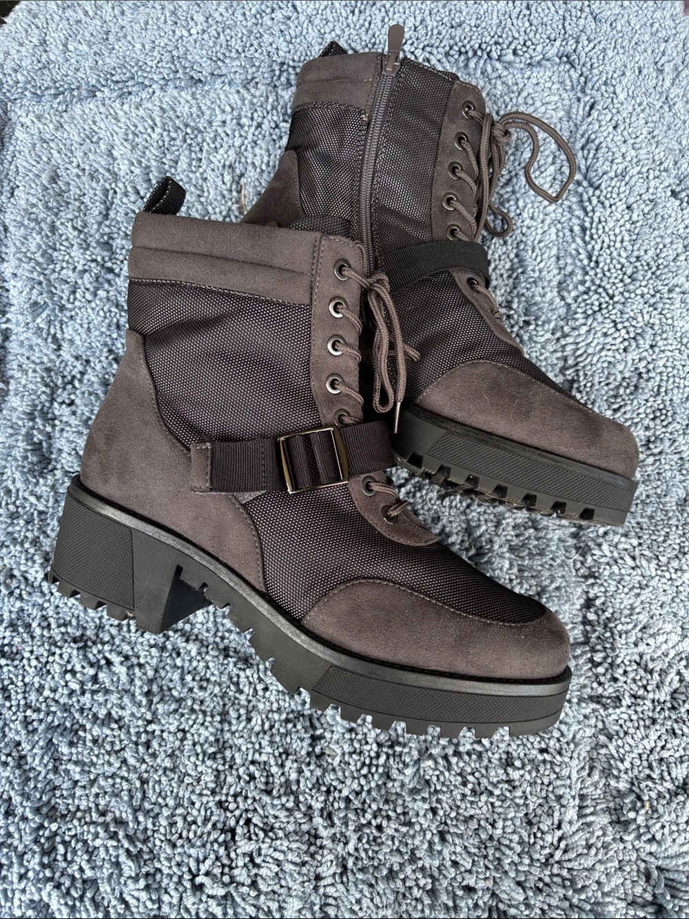 Women's Charcoal Lace-Up Combat Boots with Buckle Strap